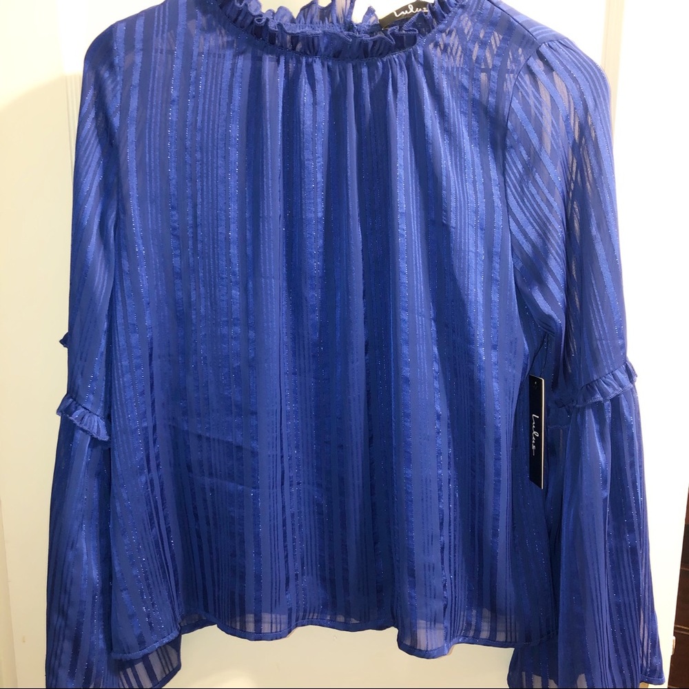 Lulu's Blouse Blue Mock Neck Top Long Bell Sleeve